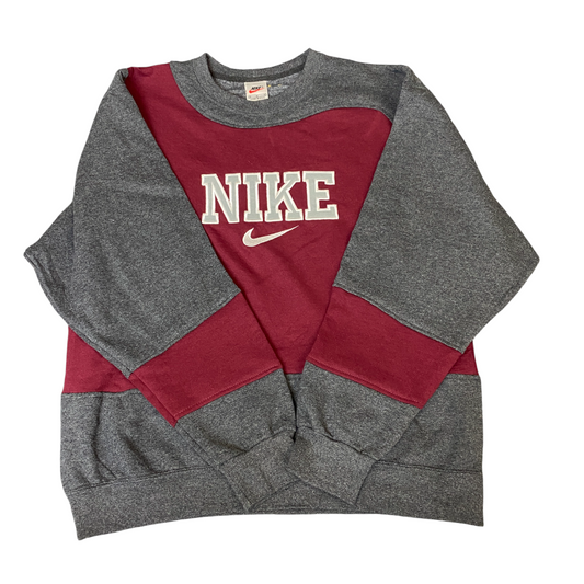 Nike Reworked Sweatshirt Mens M Grey Red Embroidered Spellout Logo Vintage Y2K