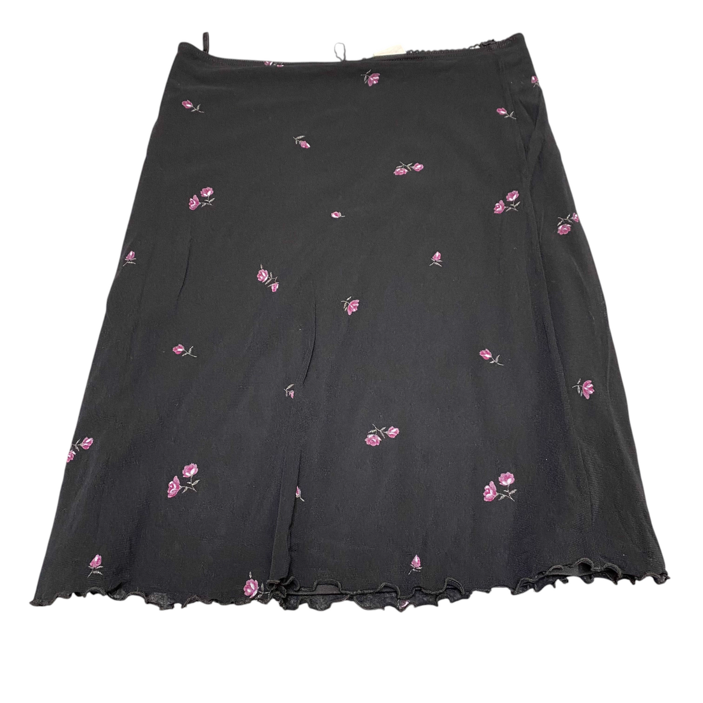 Womens A-Line Skirt M Black Pink Floral Print Scalloped Hem Classic High Waist