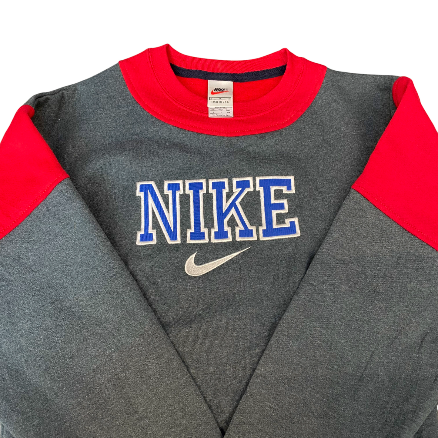 Nike Reworked Sweatshirt Mens S Red Grey Embroidered Spellout Logo Vintage Y2K