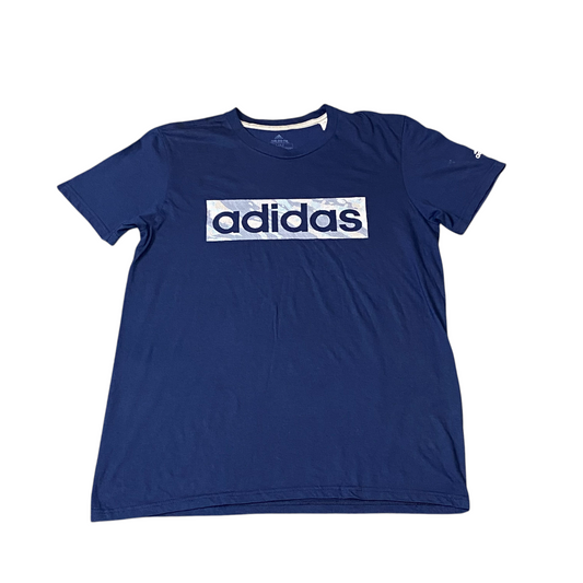adidas Tee Shirt Mens Medium Blue Spellout Logo Short Sleeve Go-To Performance