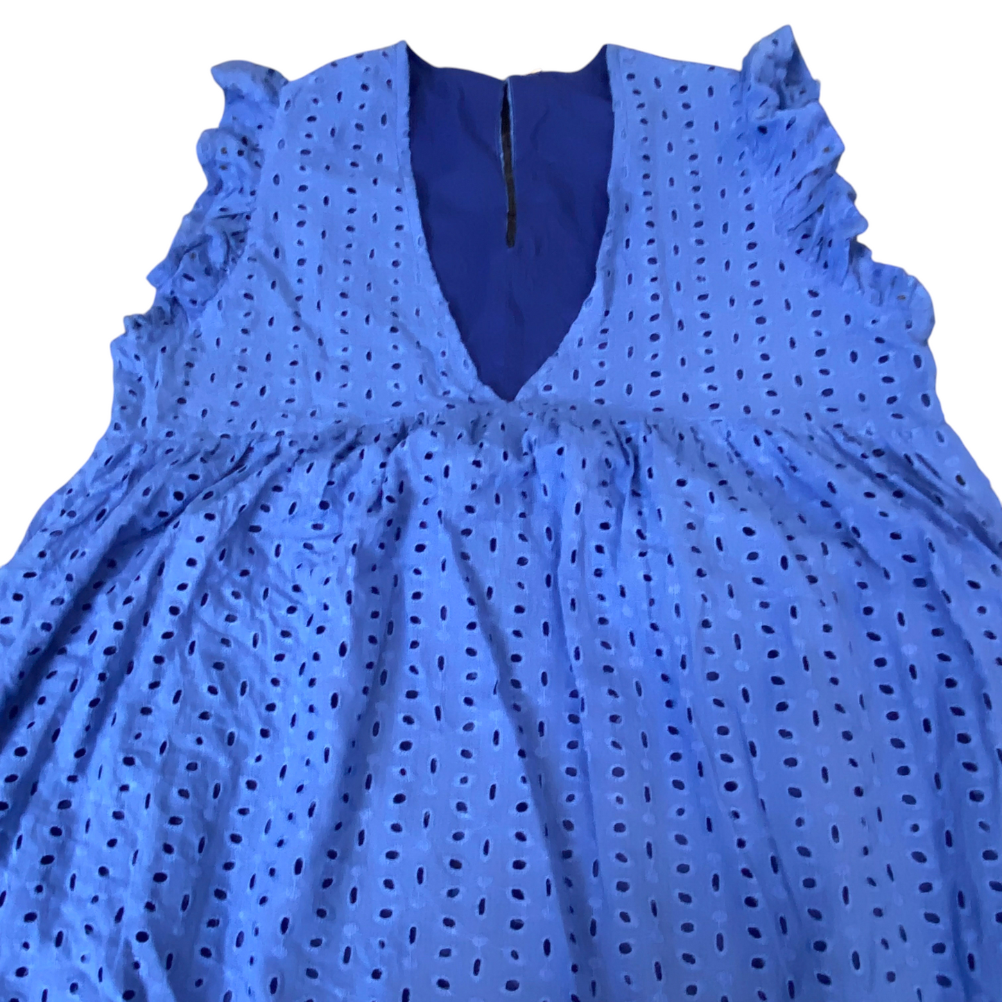 Jarolin A-Line Dress Womens M Blue Embroidered Eyelet Deep V-Neck Scallop Hem
