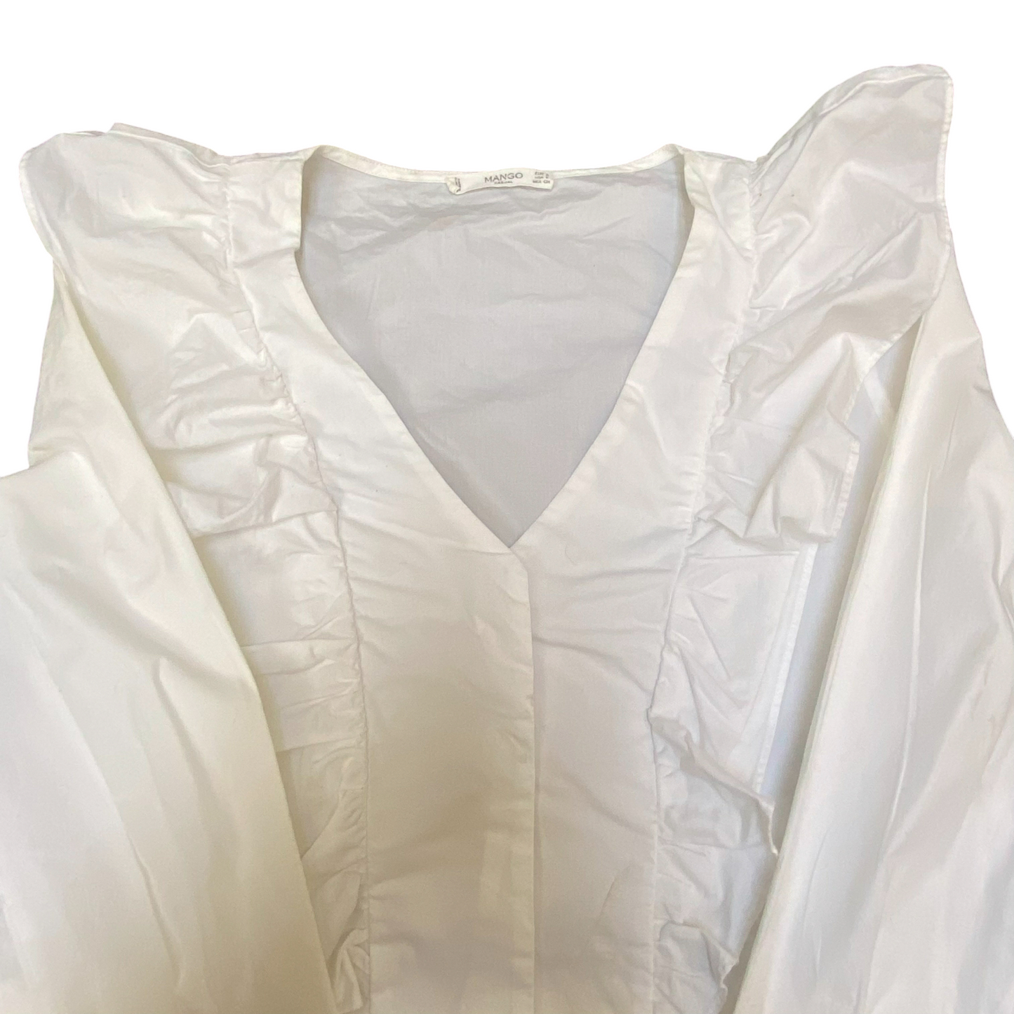 Mango Blouse Top Womens S White Ruffle Detail Long Sleeve Casual V-Neck Outdoor