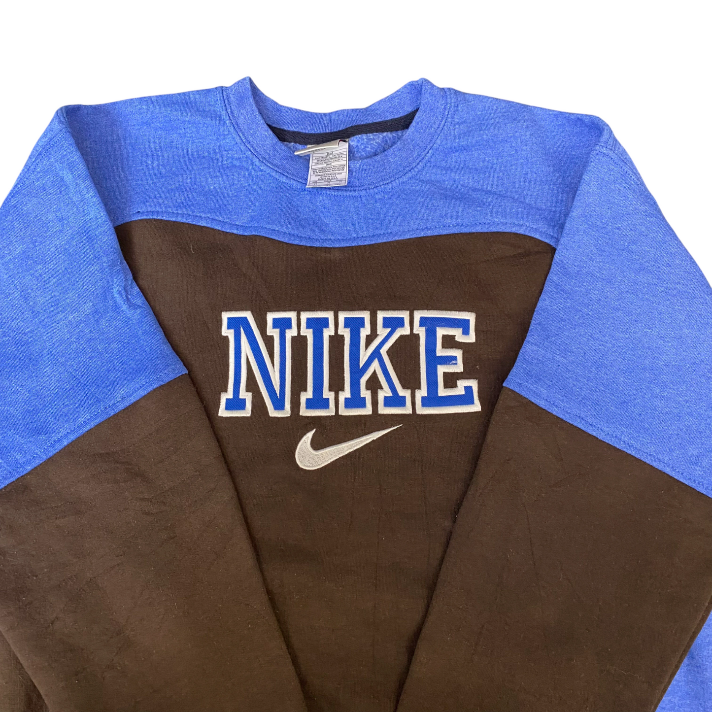 Nike Reworked Sweatshirt Mens M Brown Blue Embroidered Spellout Logo Vintage Y2K