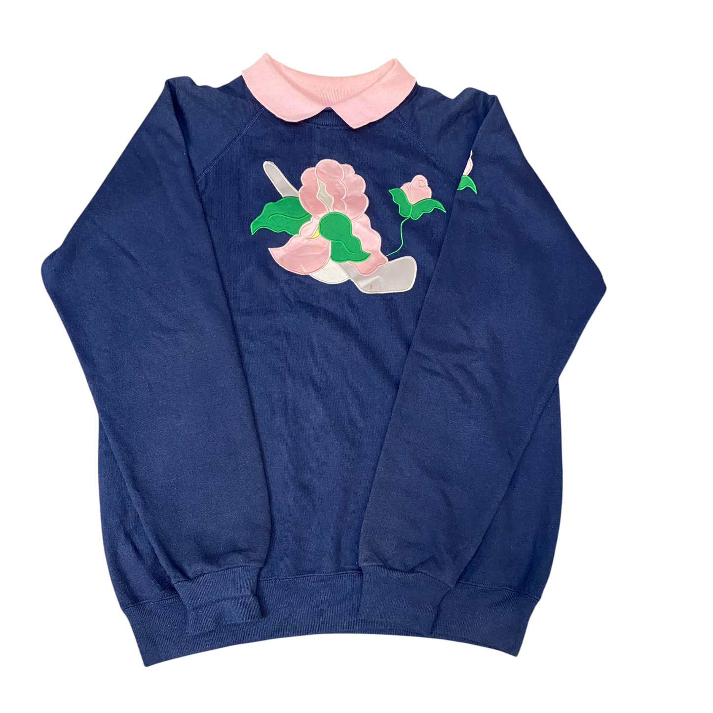 Hanes Jumper Womens Large Blue Pink Embroidered Floral Long Sleeve Collared