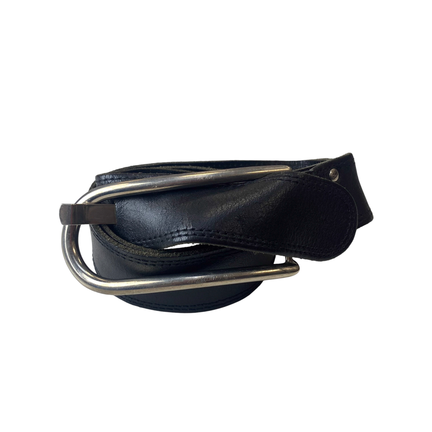 Mens Casual Waist Belt Black Leather Silver Adjustable D-Ring Buckle Size 36 in