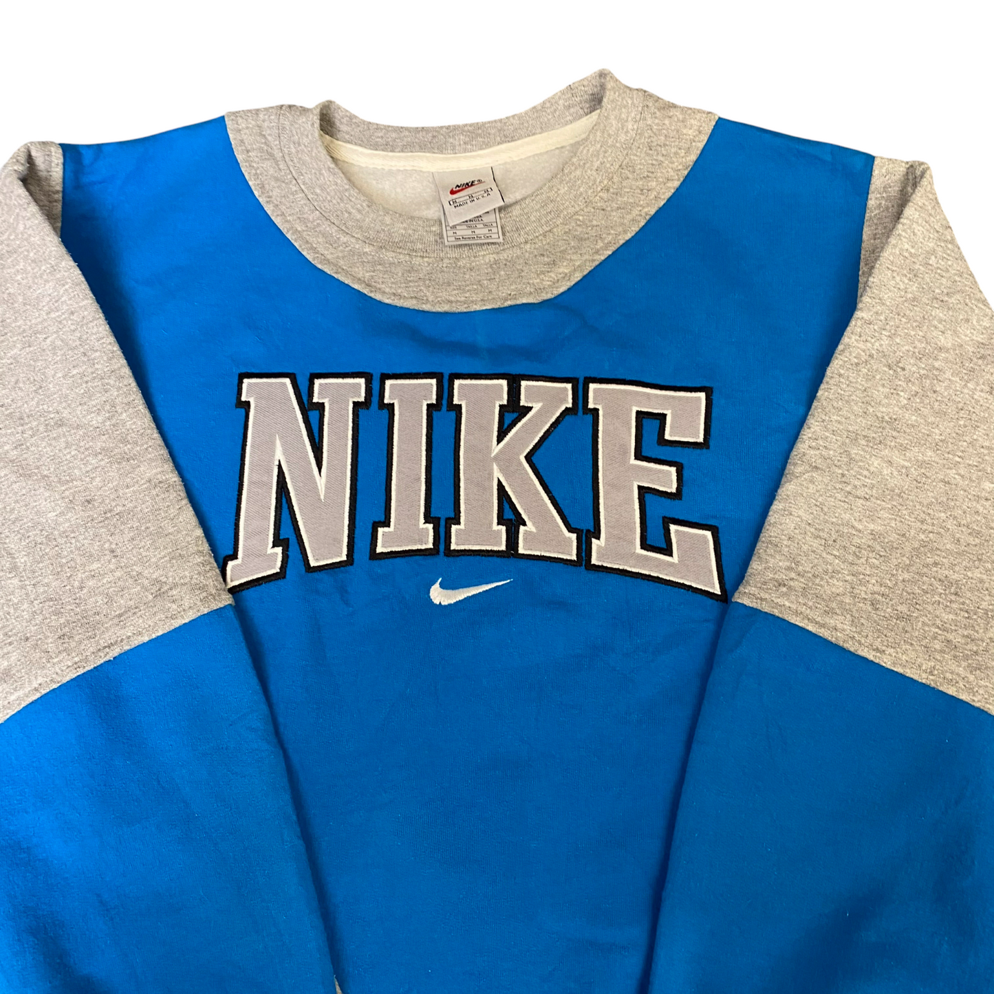 Nike Reworked Sweatshirt Mens M Grey Blue Embroidered Spellout Logo Vintage Y2K