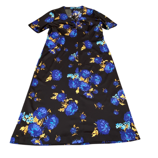 A-Line Dress Womens M Black Blue Floral Casual Short Sleeve V-Neck Pullover
