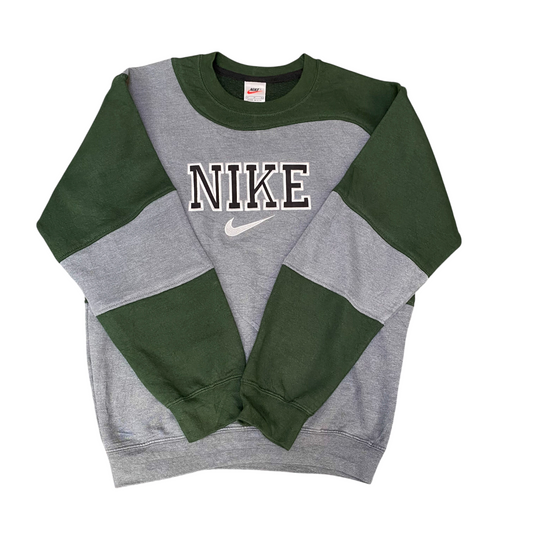Nike Reworked Sweatshirt Mens M Green Grey Embroidered Spellout Logo Vintage Y2K