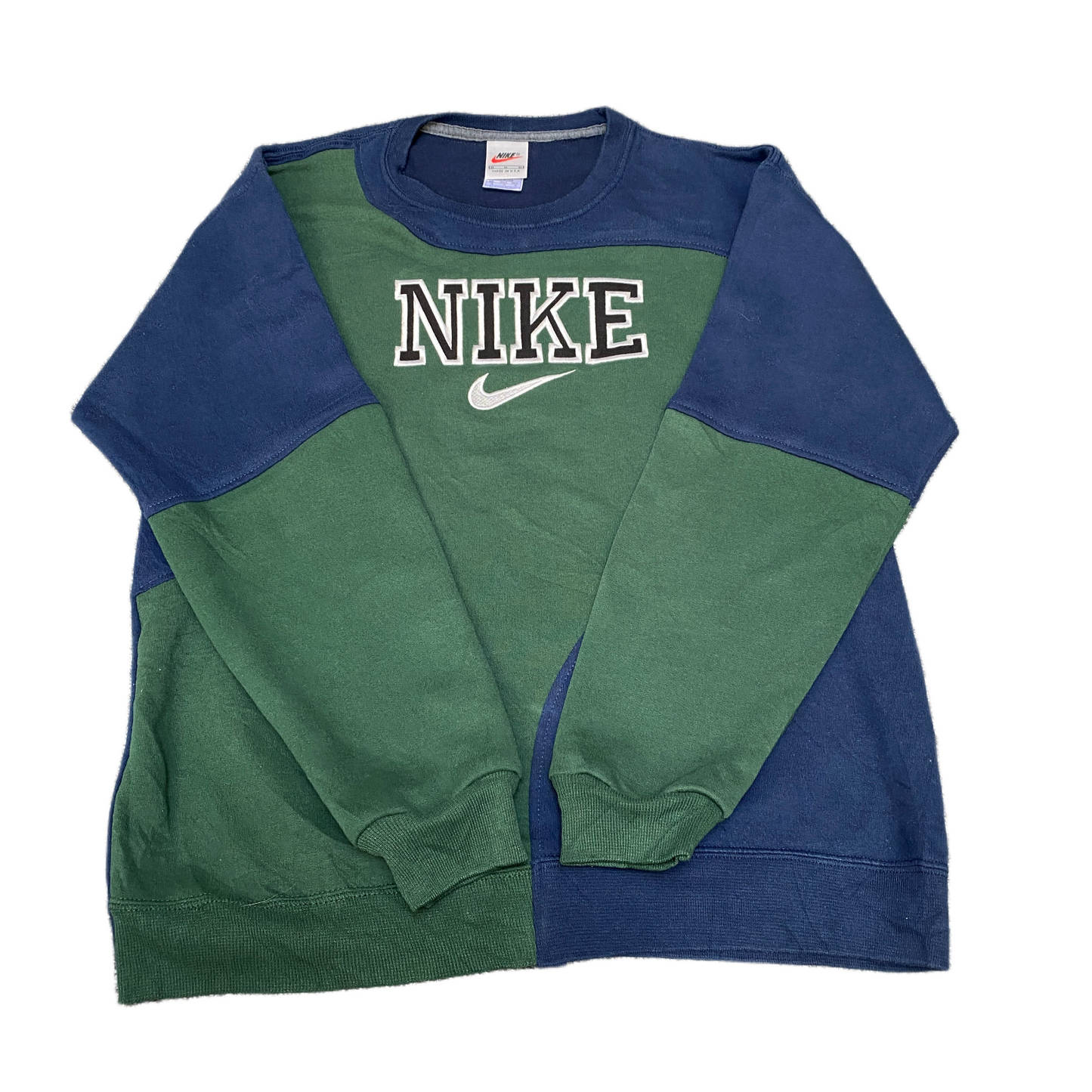 Nike Reworked Sweatshirt Mens M Navy Green Embroidered Spellout Logo Vintage Y2K