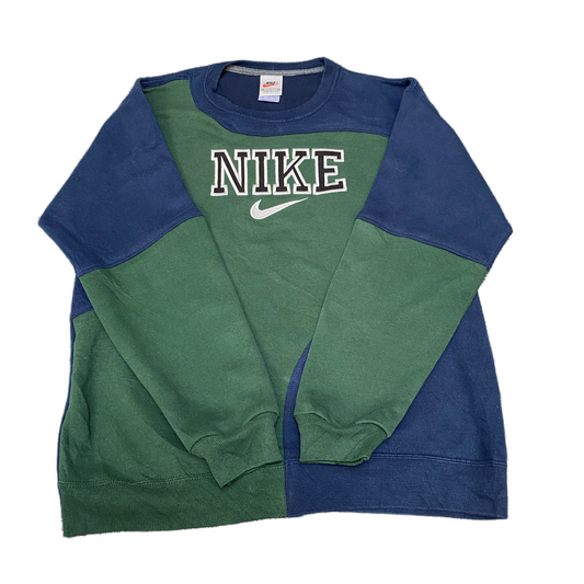 Nike Reworked Sweatshirt Mens M Navy Green Embroidered Spellout Logo Vintage Y2K