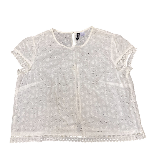 Divided by H&M Blouse Top Womens M White Eyelet Floral Short Sleeve Back Buttons