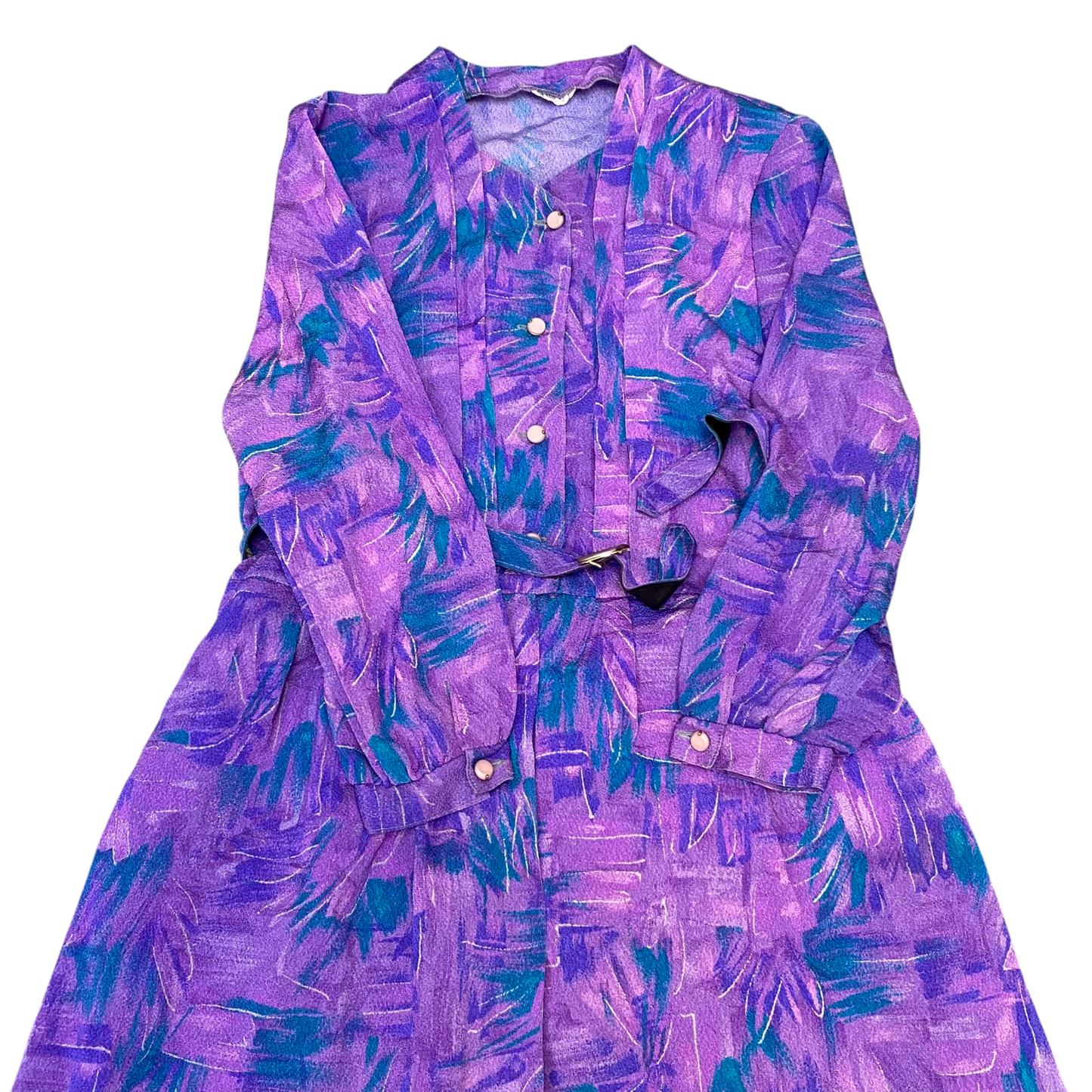 Womens Midi Dress M Pink Blue Floral Long Sleeve V Neck Button Front Outdoor