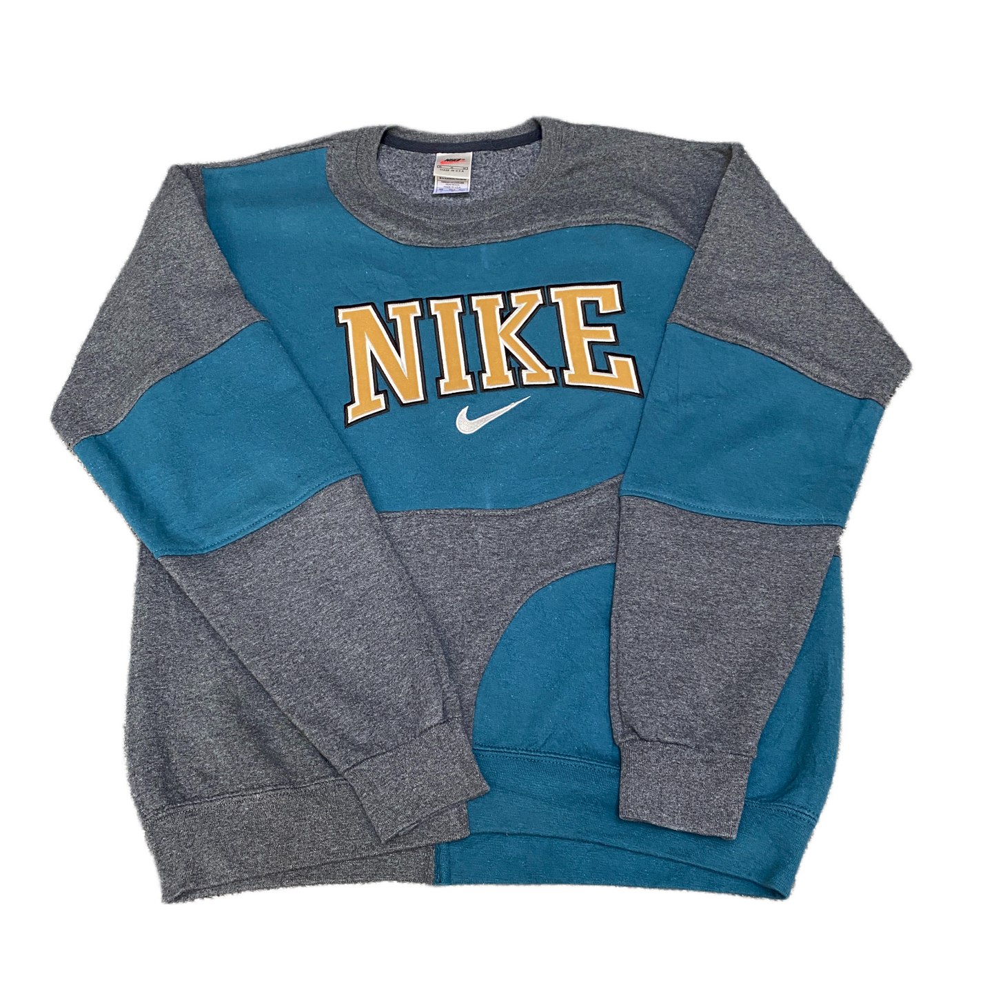 Nike Reworked Sweatshirt Mens M Teal Grey Embroidered Spellout Logo Vintage Y2K