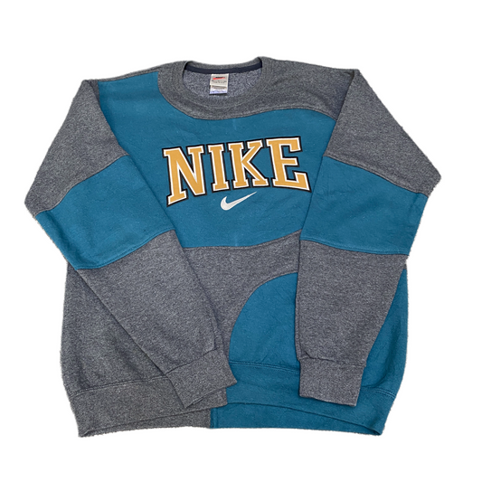 Nike Reworked Sweatshirt Mens M Teal Grey Embroidered Spellout Logo Vintage Y2K