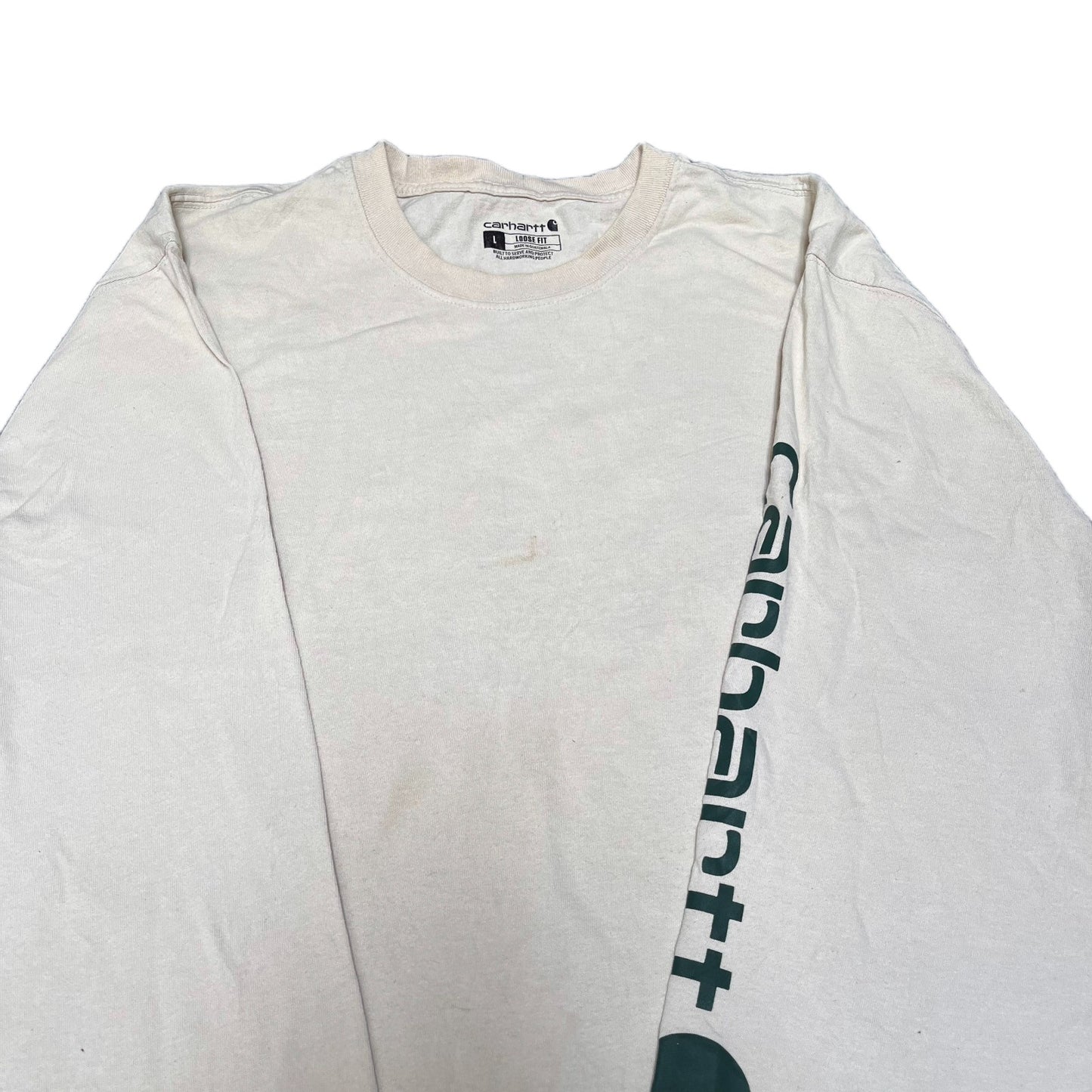 Carhartt T-Shirt Mens Large Cream Loose Fit Long Sleeve Workwear Pullover Tee