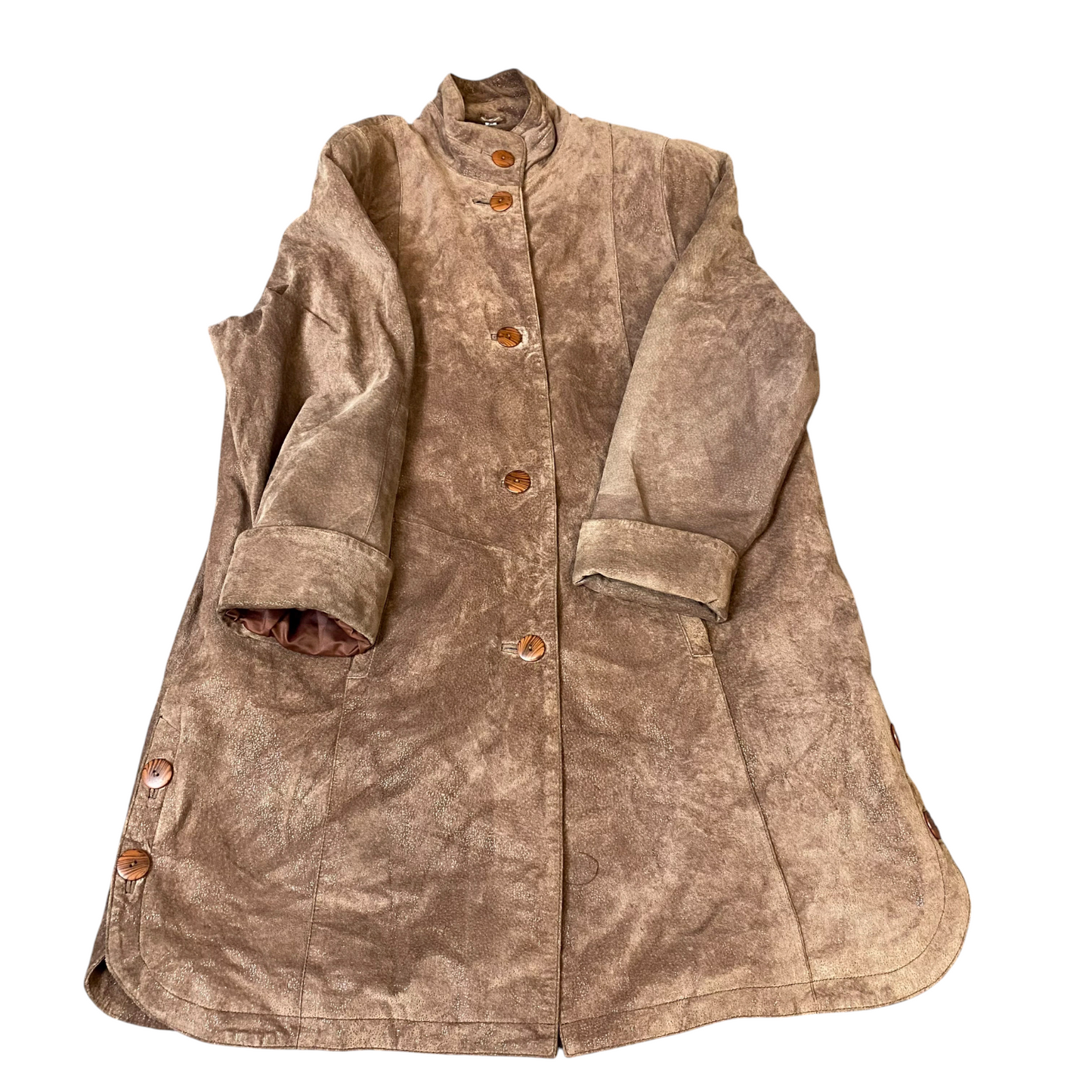 Womens Suede Leather Coat L Brown Lined Long Sleeve Stand-Up Collar Button Front