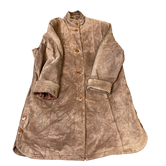 Womens Suede Leather Coat L Brown Lined Long Sleeve Stand-Up Collar Button Front