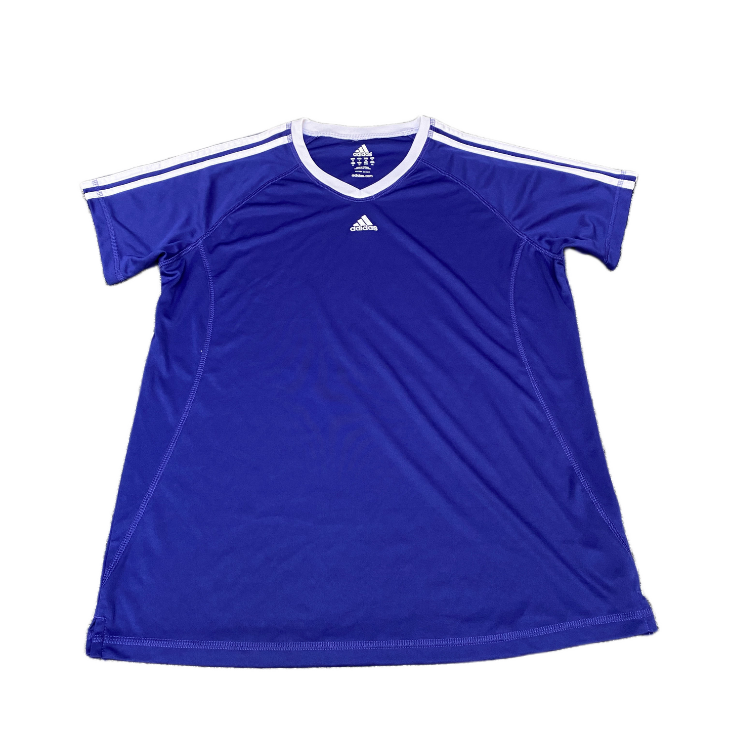 Adidas Climacool T-Shirt Women M Blue White 3-Stripes Performance Fit V Neck Tee