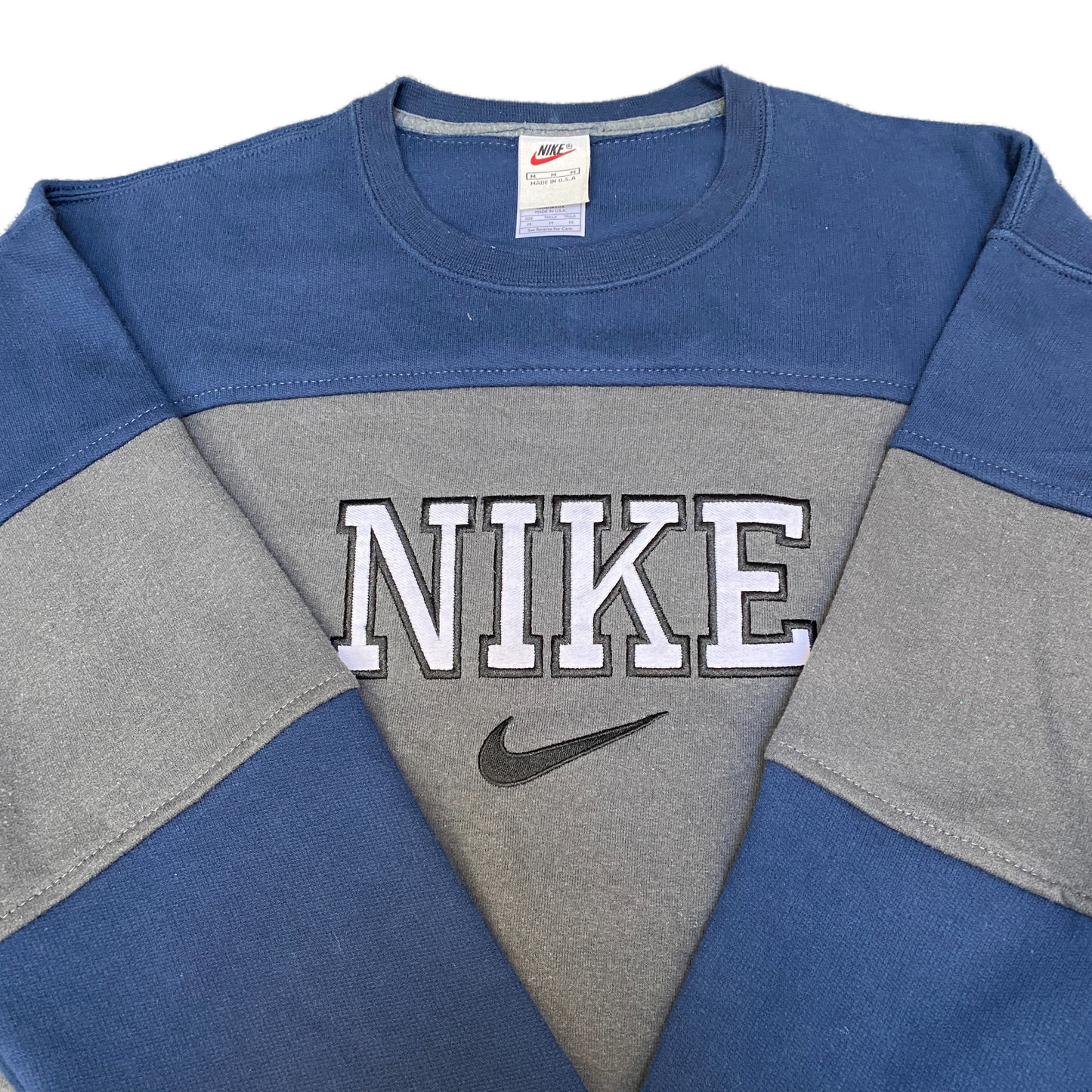 Nike Reworked Sweatshirt Mens M Blue Grey Embroidered Spellout Logo Vintage Y2K