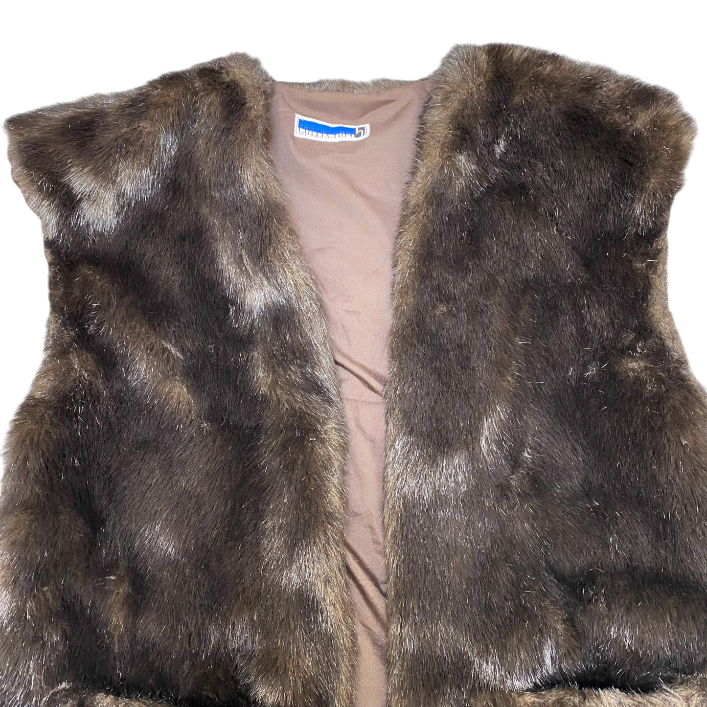Collection Faux Fur Vest Womens Large Brown Lined Pockets Sleeveless Open Front
