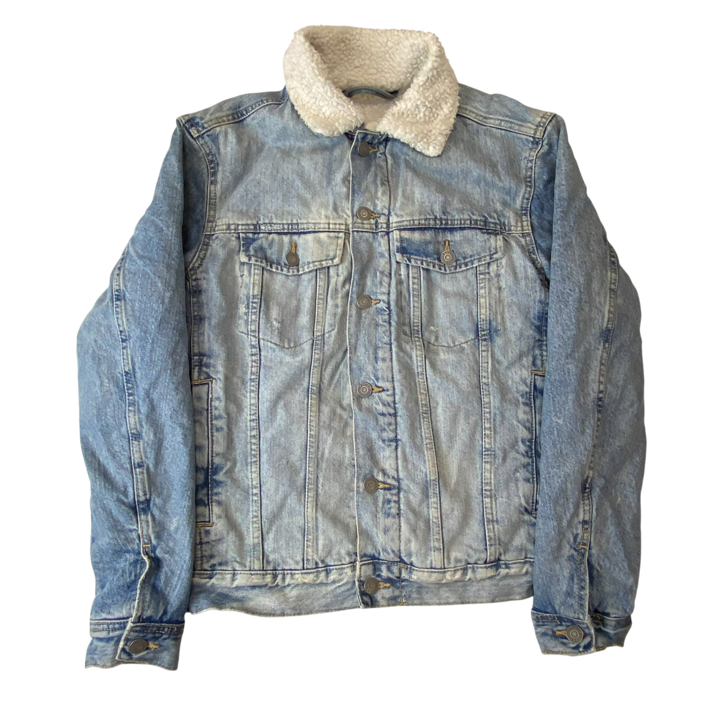 H&M Trucker Jacket Mens Small Blue Denim Sherpa Lined Long Sleeve Collar Button