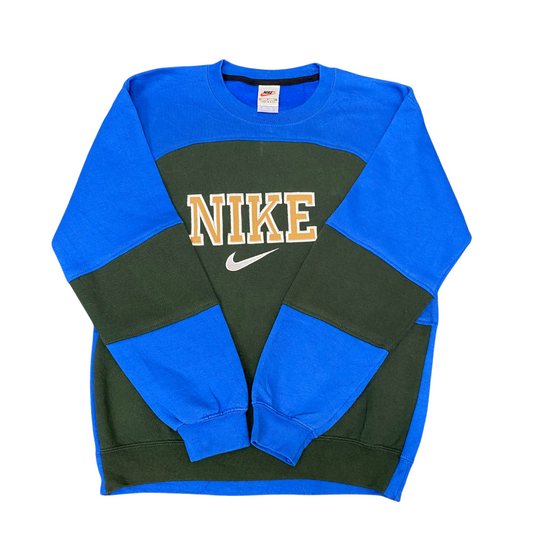 Nike Reworked Sweatshirt Mens Small Blue Green Embroidered Spell Out Logo Y2K