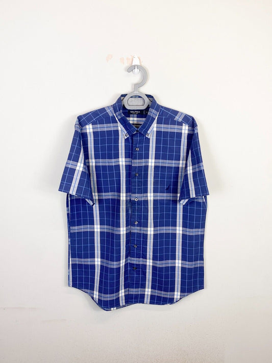 Nautica Shirt Mens Medium Blue Plaid Short Sleeve Collared Casual Button Down
