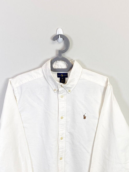 Ralph Lauren Dress Shirt Men Medium White Long Sleeve Small Brown Polo Pony Logo