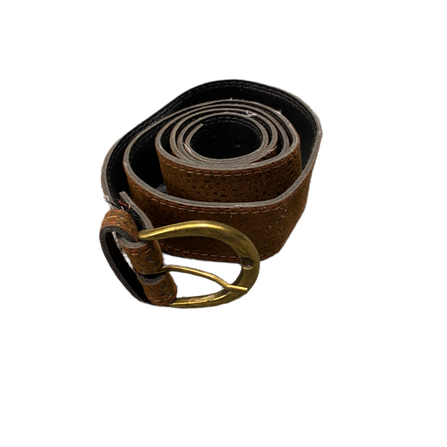 Vintage Women Brown Textured Suede Leather Belt Gold Tone Pin Buckle 35.5 inches