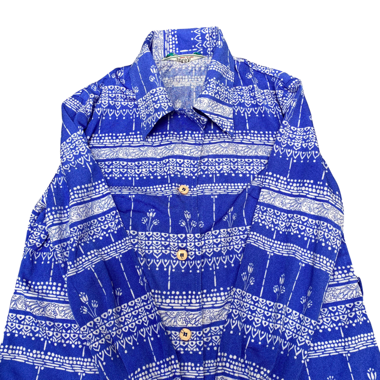 Shirt Top Womens M Blue White Floral Collared Long Sleeve Outdoor Pullover