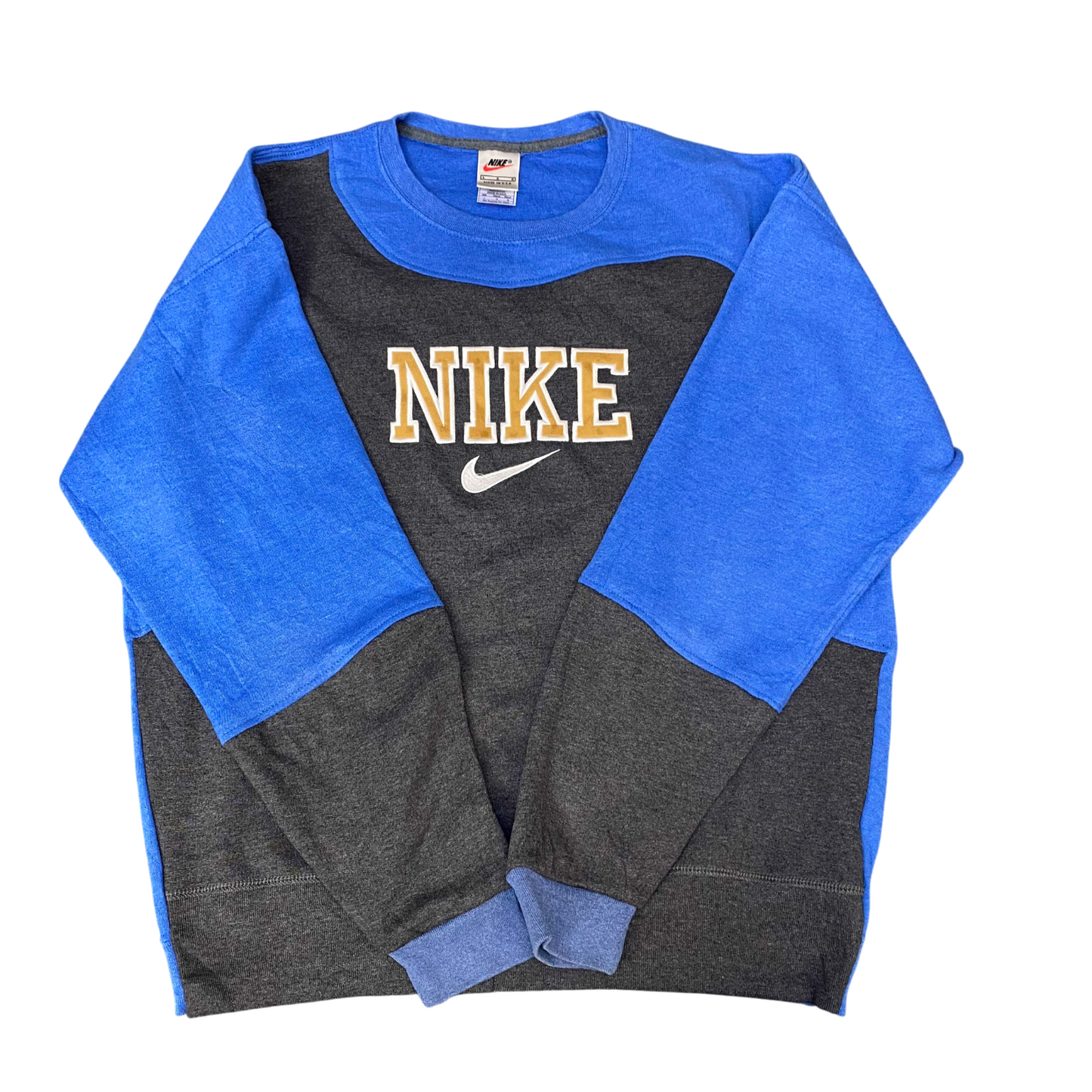 Nike Reworked Sweatshirt Mens Large Blue Grey Embroidered Spell Out Logo Y2K