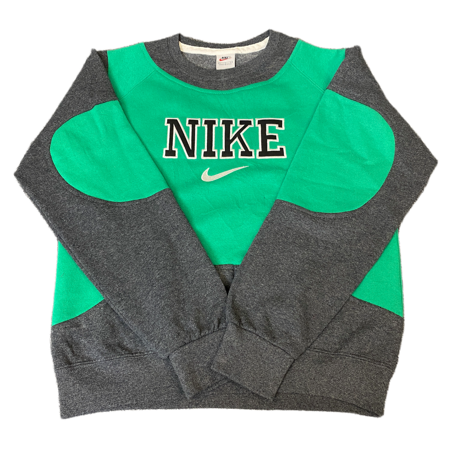 Nike Reworked Sweatshirt Mens S Green Grey Embroidered Spellout Logo Vintage Y2K