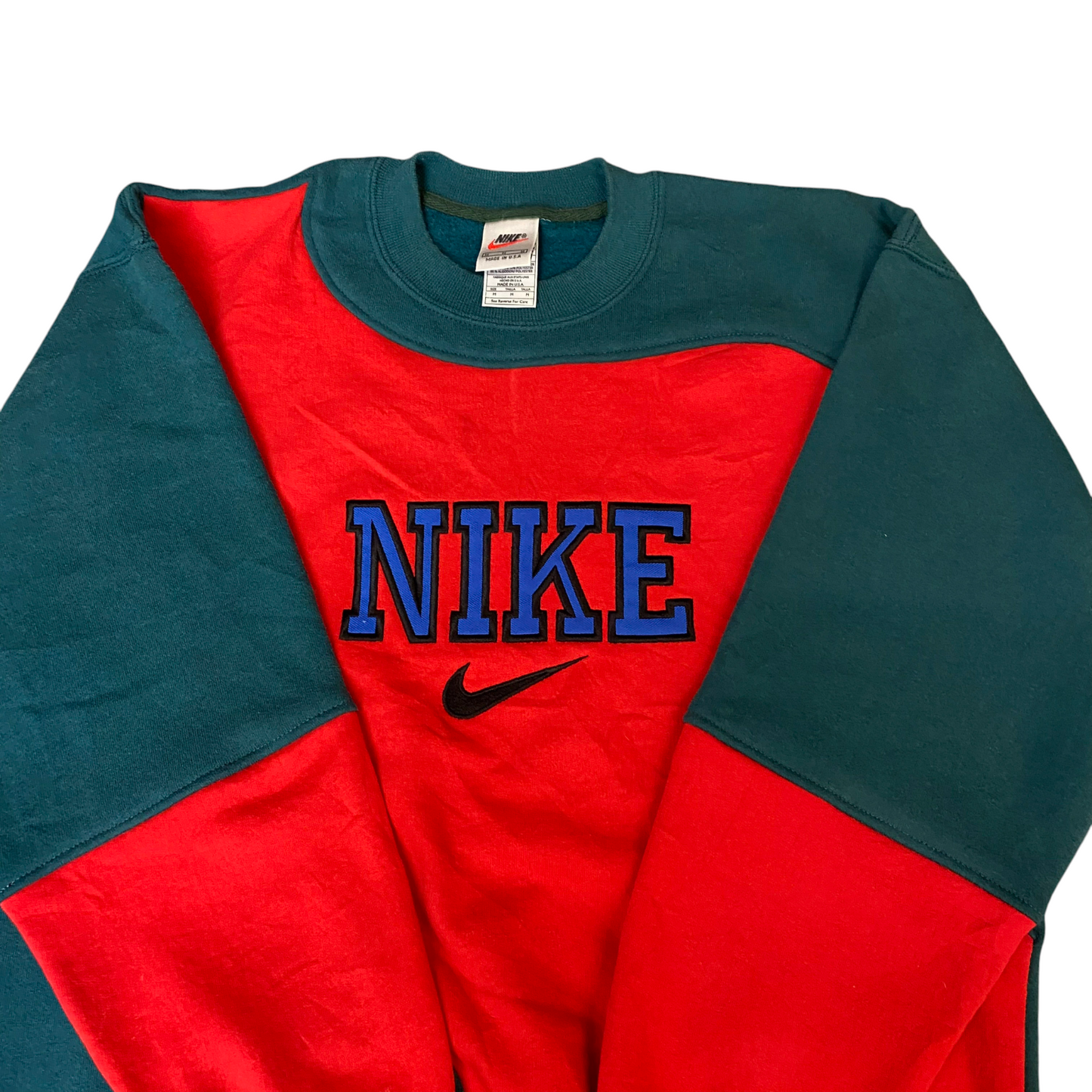 Nike Reworked Sweatshirt Mens M Teal Red Embroidered Spellout Logo Vintage Y2K