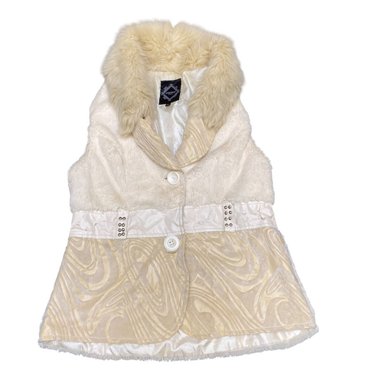 Enzoria Faux Fur Vest Womens M/L Beige Sleeveless Shawl Collar Button Front