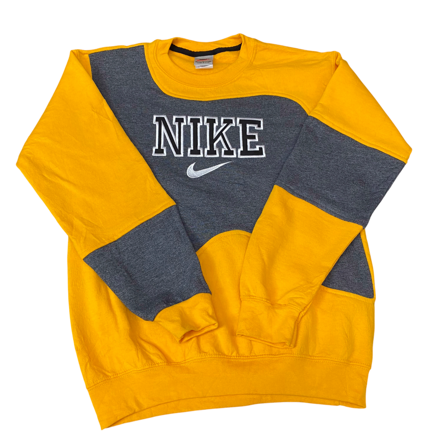 Nike Reworked Sweatshirt Mens S Grey Yellow Embroidered Spellout Logo Vtg Y2K