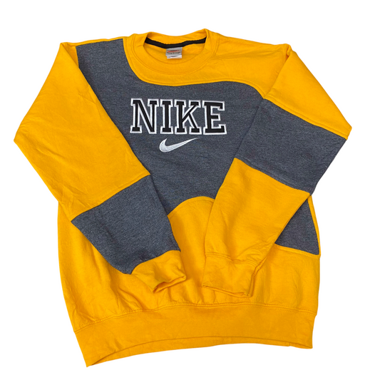Nike Reworked Sweatshirt Mens S Grey Yellow Embroidered Spellout Logo Vtg Y2K
