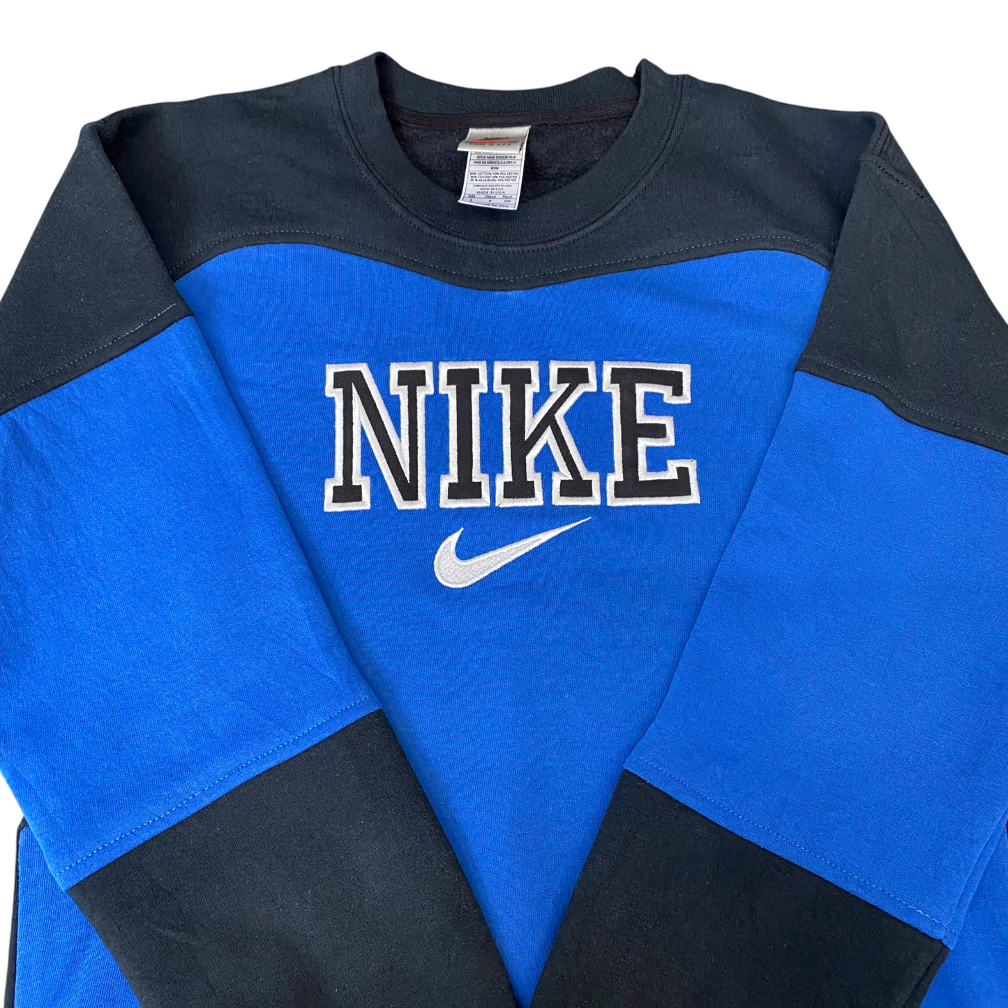 Nike Reworked Sweatshirt Mens S Blue Black Embroidered Spellout Logo Vintage Y2K