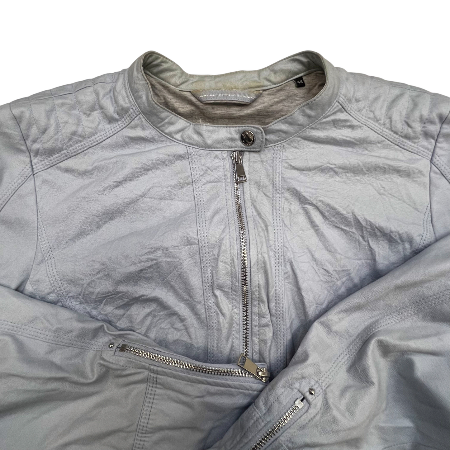 String Love Faux Leather Jacket Womens Medium Blue Lined Long Sleeve Full Zip