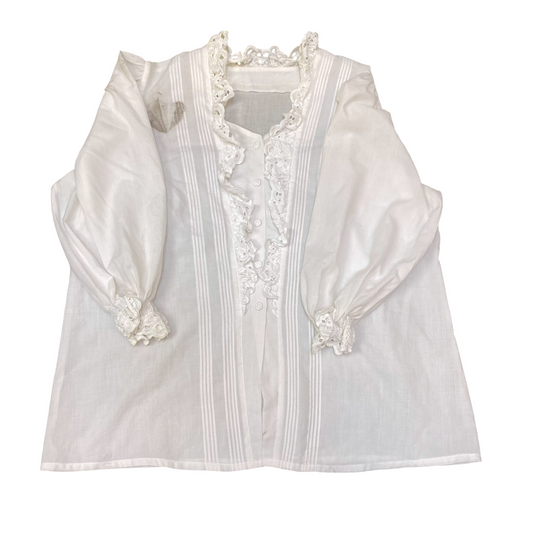 Blouse Top Womens L White Pintuck Lace Detail Balloon Sleeve Button Front