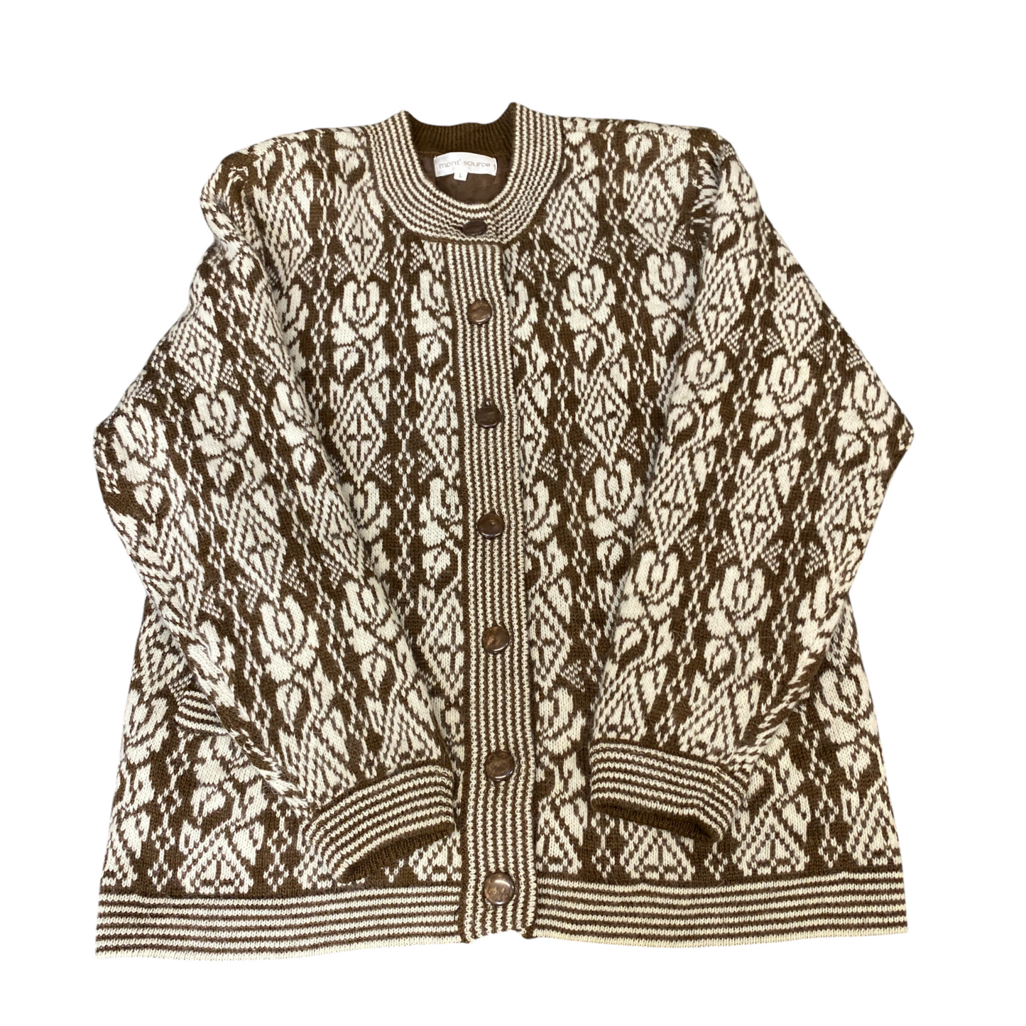 Mont' Source Cardigan Jumper Womens L Brown White Patterned Lined Button Front