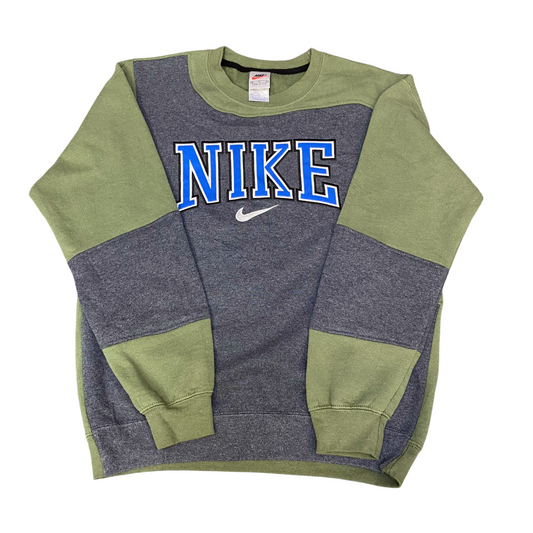 Nike Reworked Sweatshirt Mens M Green Grey Embroidered Spellout Logo Vintage Y2K