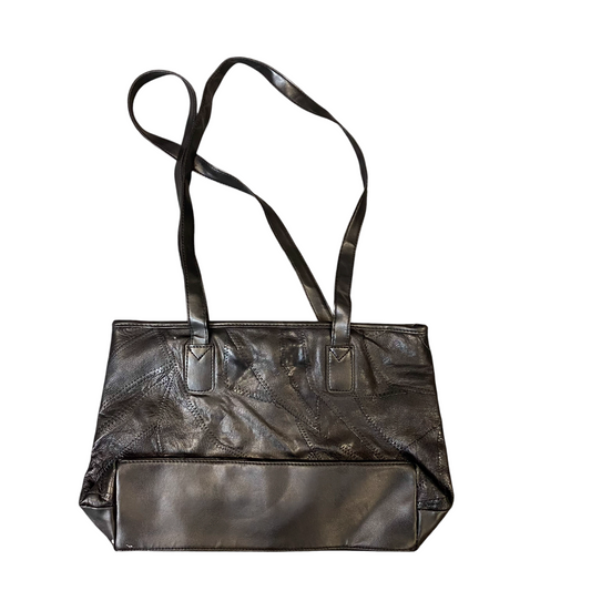 Vintage Womens Tote Bag Black Patchwork Leather Zip Closure Double Handles