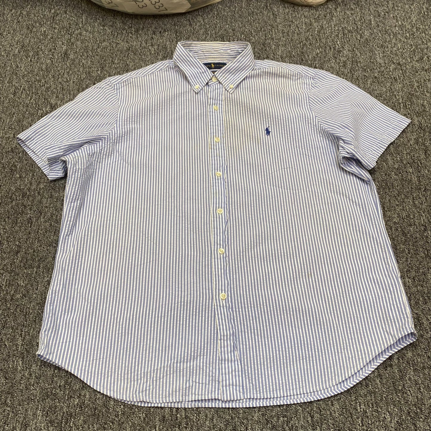 Ralph Lauren Shirt Mens XL Blue White Striped Short Sleeve Pony Logo Button Down