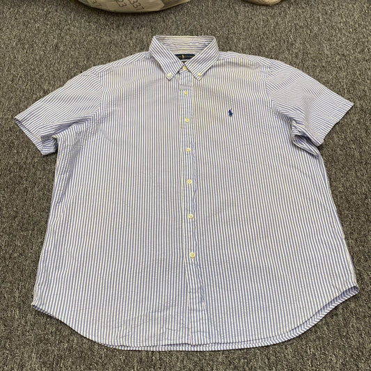 Ralph Lauren Shirt Mens XL Blue White Striped Short Sleeve Pony Logo Button Down