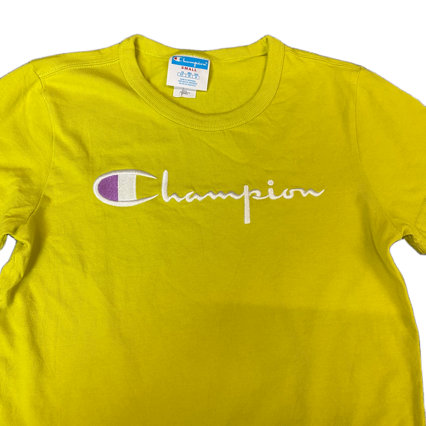 Champion T-Shirt Girls Small Yellow Embroidered Logo Short Sleeve Crew Neck Tee