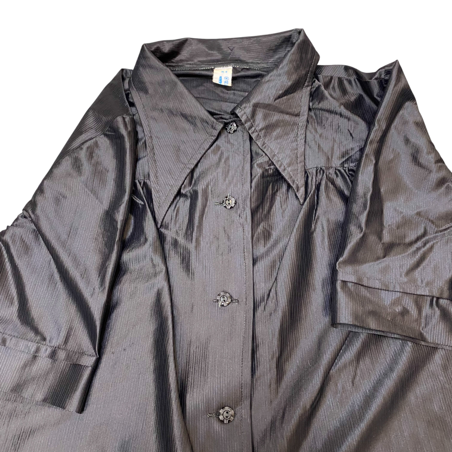 Shirt Top Womens L Black Satin Pleated Short Sleeve Collared Casual Button Front