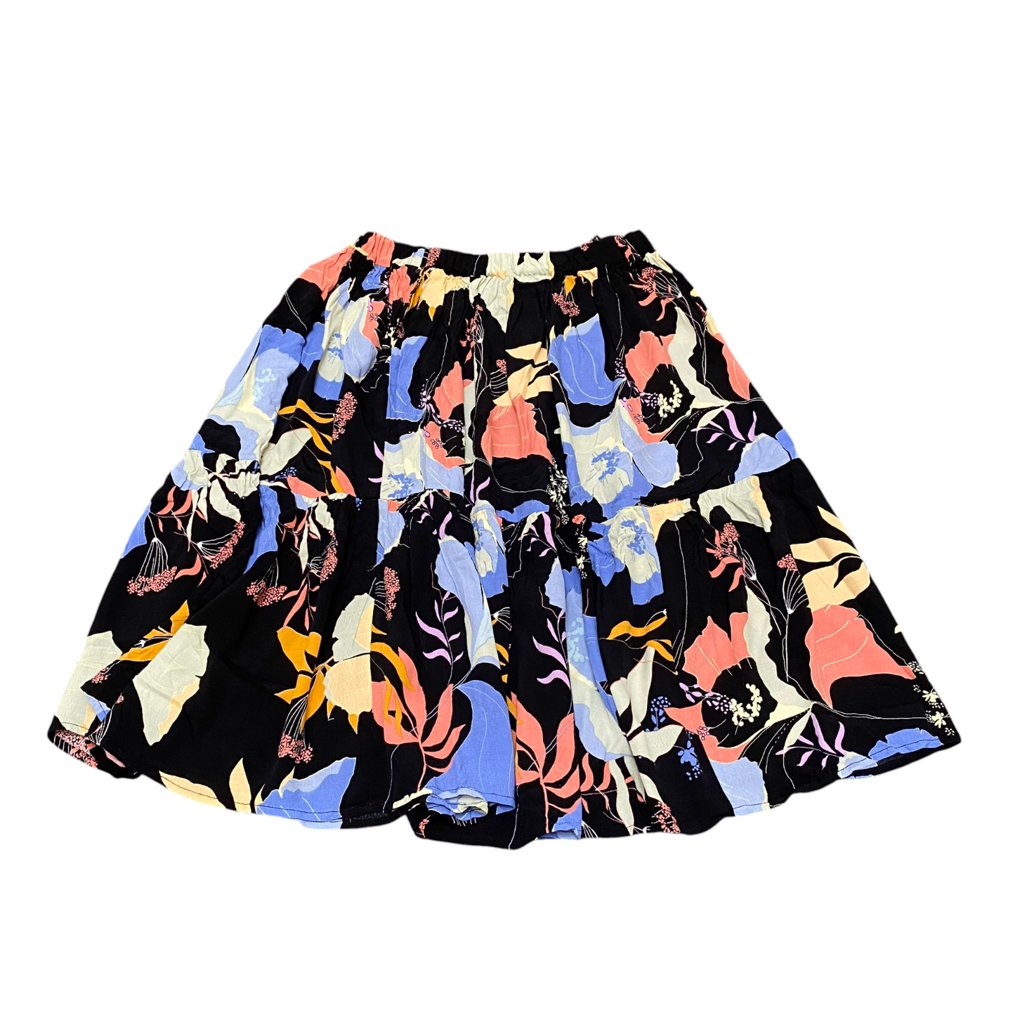 A-Line Skirt Womens S Black Floral Pleated Comfort Elastic Waist Preppy Outdoor