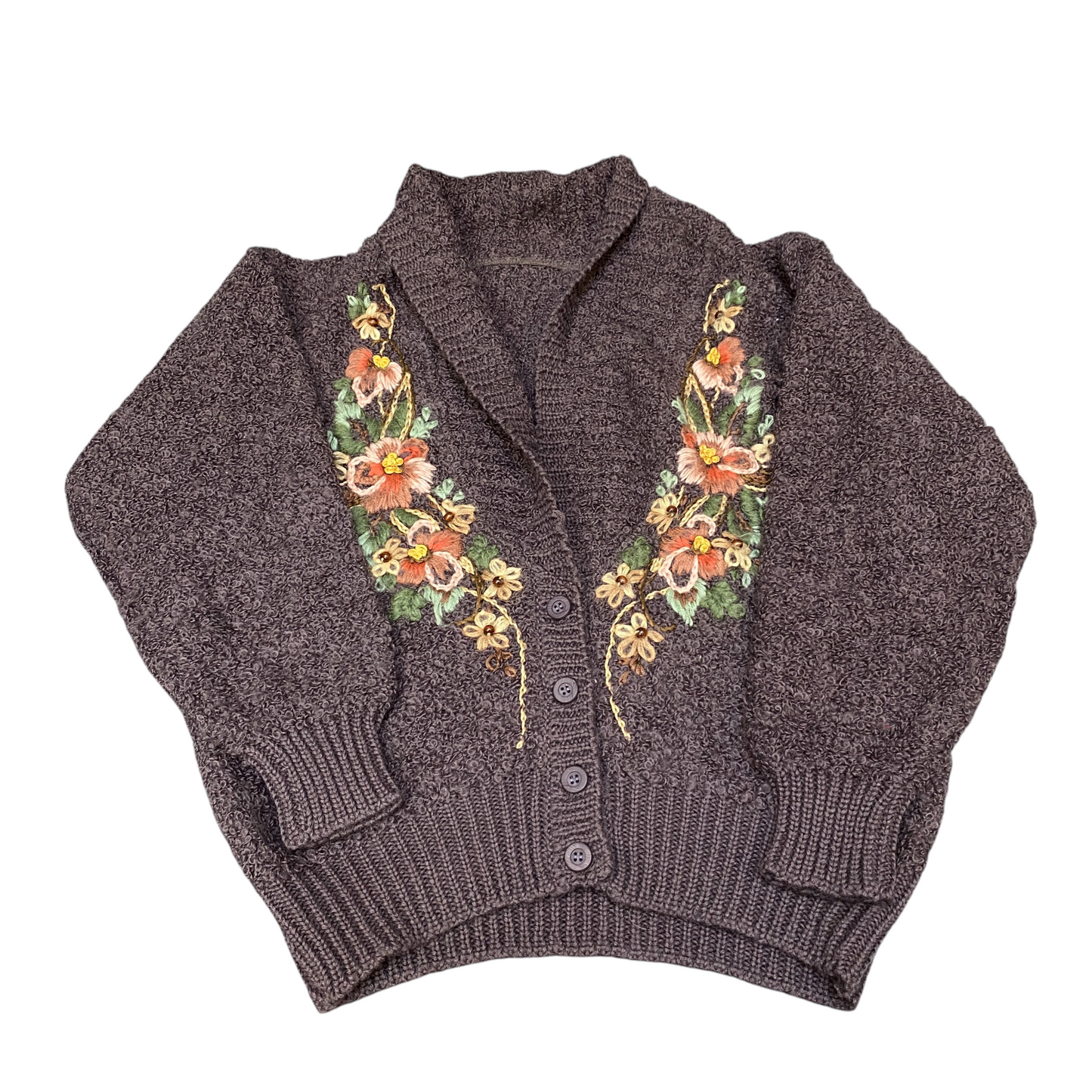 Womens Cardigan Jumper Large Brown Floral Long Sleeve Shawl Collar Button Front