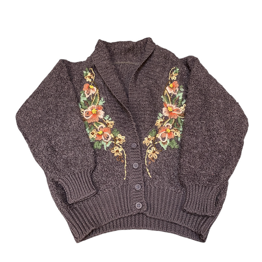 Womens Cardigan Jumper Large Brown Floral Long Sleeve Shawl Collar Button Front