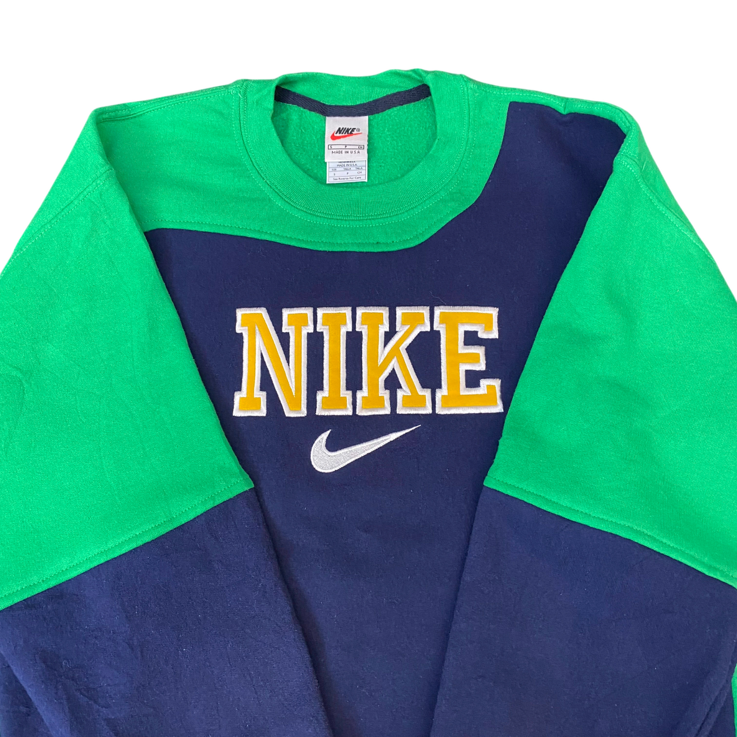 Nike Reworked Sweatshirt Mens Small Green Blue Embroidered Spell Out Logo Y2K